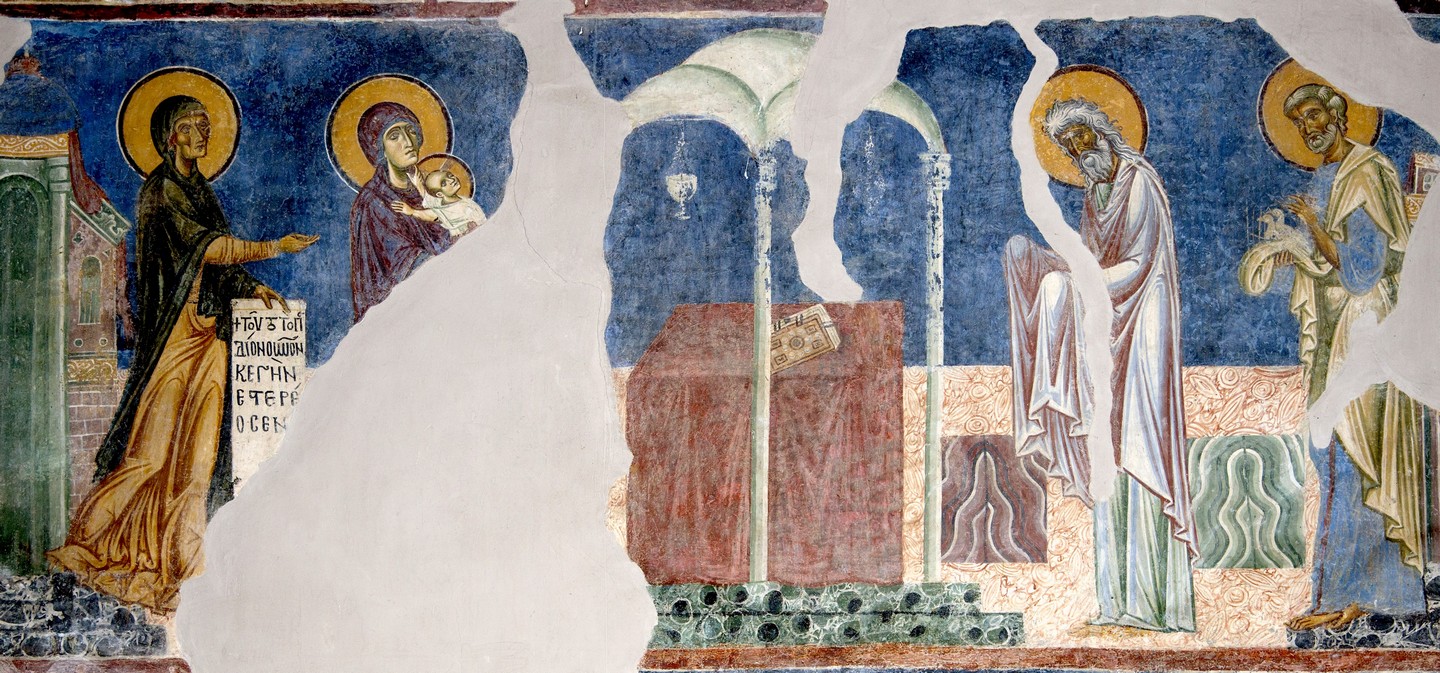 Фреска сретенье господне выполненная в 1465 году. Сретение Господне фреска Византия. Сретение Господне Византийская фреска. Сретение Церковь Пантелеймона в Нерези.