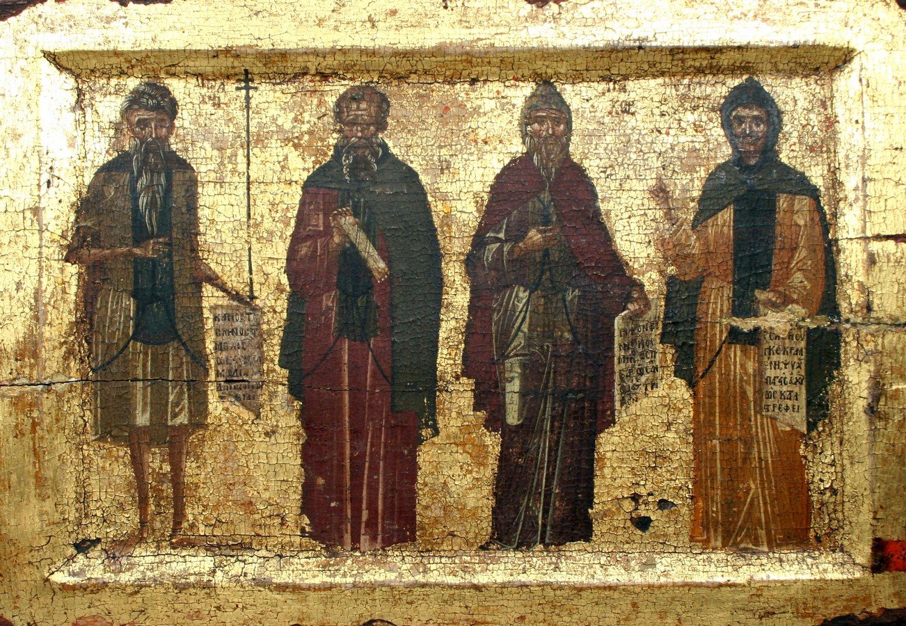 Святые Преподобные Иоанникий Великий, Савва Освященный, Пахомий Великий, Ефрем Сирин. Византийская икона XV века. Монастырь Ватопед на Афоне. Святые Преподобные Иоанникий Великий, Савва Освященный, Пахомий Великий, Ефрем Сирин. Византийская икона XV века. Монастырь Ватопед на Афоне.