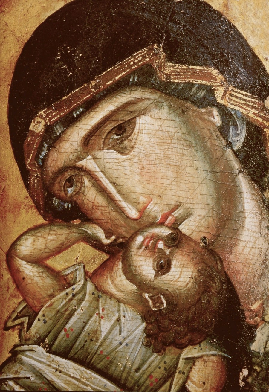 Икона Божией Матери "Пелагонитисса" ("Взыграние Младенца"). Византия, начало XV века. Монастырь Святой Екатерины на Синае. Фрагмент.