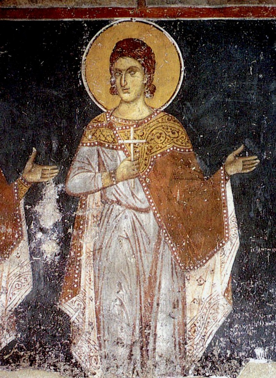 Святой Мученик Виктор Дамасский. Фреска монастыря Панагии Олимпиотиссы в Элассоне, Греция. XIV век.