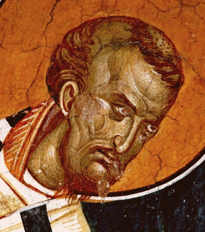 Святитель Иоанн Златоуст, Архиепископ Константинопольский. Фреска монастыря Высокие Дечаны, Косово, Сербия. Около 1350 года. Святитель Иоанн Златоуст, Архиепископ Константинопольский. Фреска монастыря Высокие Дечаны, Косово, Сербия. Около 1350 года.