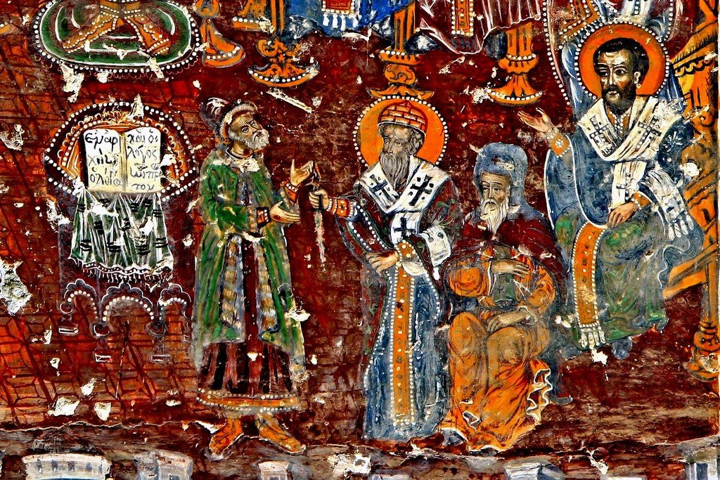 Первый Вселенский Собор. Фреска монастыря Панагия Сумела (Понт, ныне территория Турции). Фрагмент. Чудо Святителя Спиридона Тримифунтского, явленное на Соборе. Первый Вселенский Собор. Фреска монастыря Панагия Сумела (Понт, ныне территория Турции). Фрагмент. Чудо Святителя Спиридона Тримифунтского, явленное на Соборе.