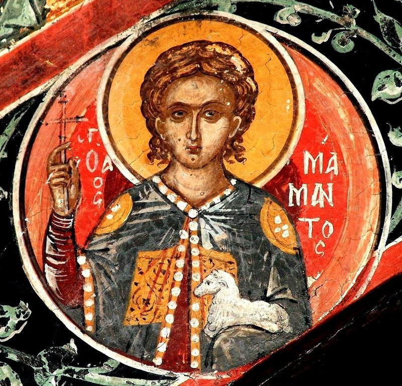 Святой Мученик Мамант Кесарийский. Фреска монастыря Святого Николая Анапавсаса в Метеорах, Греция. 1527 год. Иконописец Феофан Критский. Святой Мученик Мамант Кесарийский. Фреска монастыря Святого Николая Анапавсаса в Метеорах, Греция. 1527 год. Иконописец Феофан Критский.