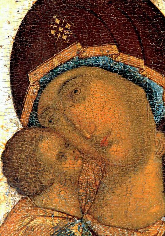 Владимирская икона Божией Матери. Иконописец Преподобный Андрей Рублёв (?). Конец XIV - начало XV веков. Лики. Владимирская икона Божией Матери. Иконописец Преподобный Андрей Рублёв (?). Конец XIV - начало XV веков. Лики.
