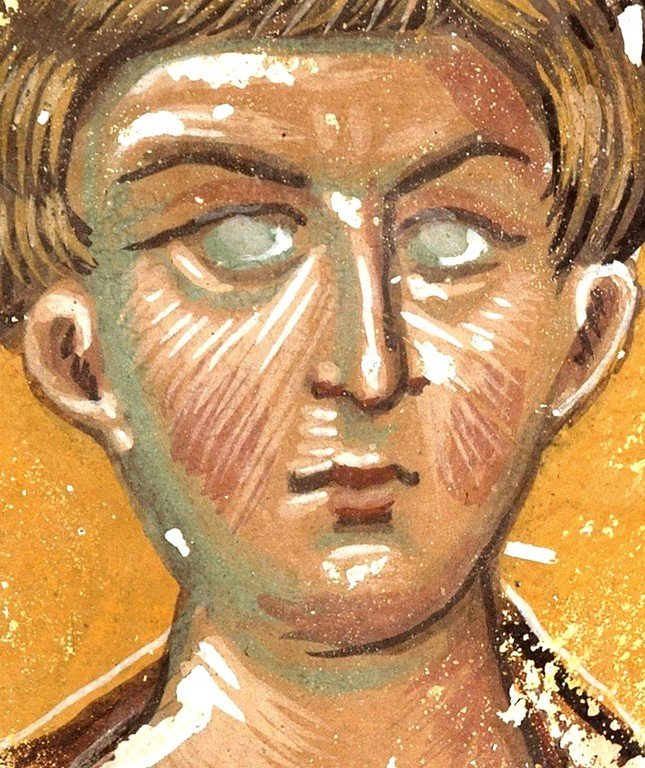 Святой Мученик Архидиакон Лаврентий Римский. Фреска собора Христа Спасителя в Цаленджихе, Грузия. Конец XIV века. Иконописец Мануил Евгеник. Святой Мученик Архидиакон Лаврентий Римский. Фреска собора Христа Спасителя в Цаленджихе, Грузия. Конец XIV века. Иконописец Мануил Евгеник.