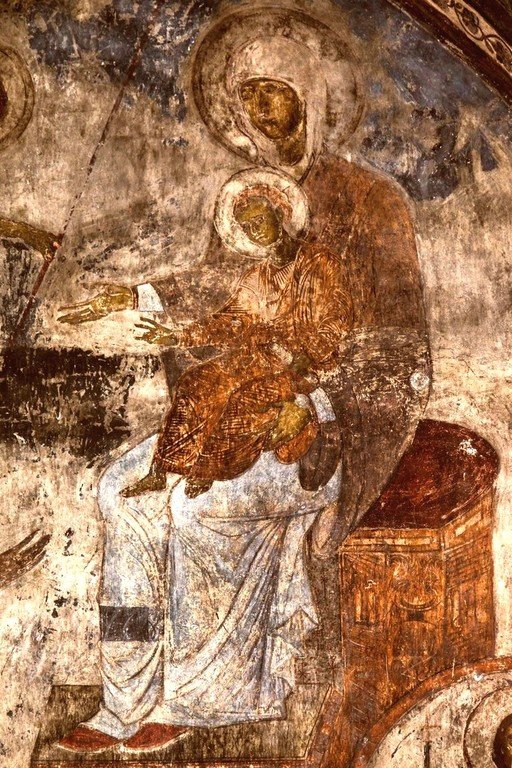 Святая Благоверная Царица Тамара Великая и её отец, царь Георгий III, предстоящие Пресвятой Богородице. Фреска пещерного монастыря Вардзиа (Вардзия), Грузия. До 1185 года. Фрагмент. Святая Благоверная Царица Тамара Великая и её отец, царь Георгий III, предстоящие Пресвятой Богородице. Фреска пещерного монастыря Вардзиа (Вардзия), Грузия. До 1185 года. Фрагмент.