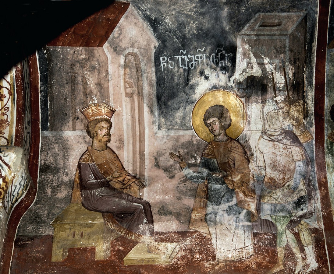 Святой Георгий обличает Диоклетиана. Фреска церкви Святого Георгия в монастыре Гелати, Грузия. 1561 - 1578 годы.