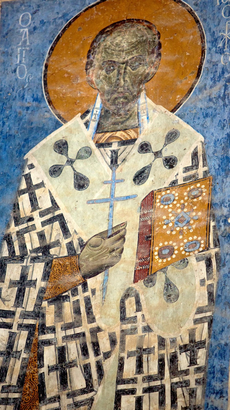 Святитель Иоанн Златоуст. Фреска монастыря Ахтала, Армения. Выполнена грузинскими мастерами в XIII веке, когда монастырь был православным.