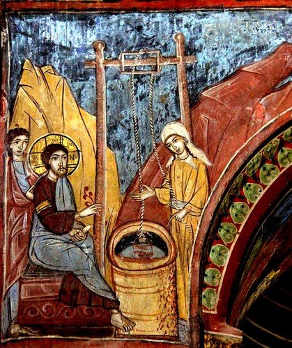 Беседа Христа с самарянкой. Фреска собора Светицховели во Мцхета, Грузия.