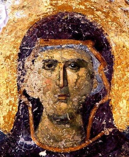 Пресвятая Богородица с Младенцем и предстоящими Архангелами. Фреска монастыря Мартвили, Грузия. XIV век.
