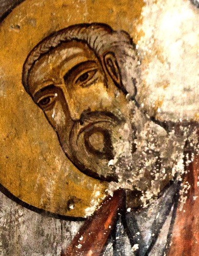 Святые Апостолы. Фреска церкви Спасителя в Мацхвариши, Сванетия, Грузия. 1142 год. Иконописец Микаэл Маглакелидзе.