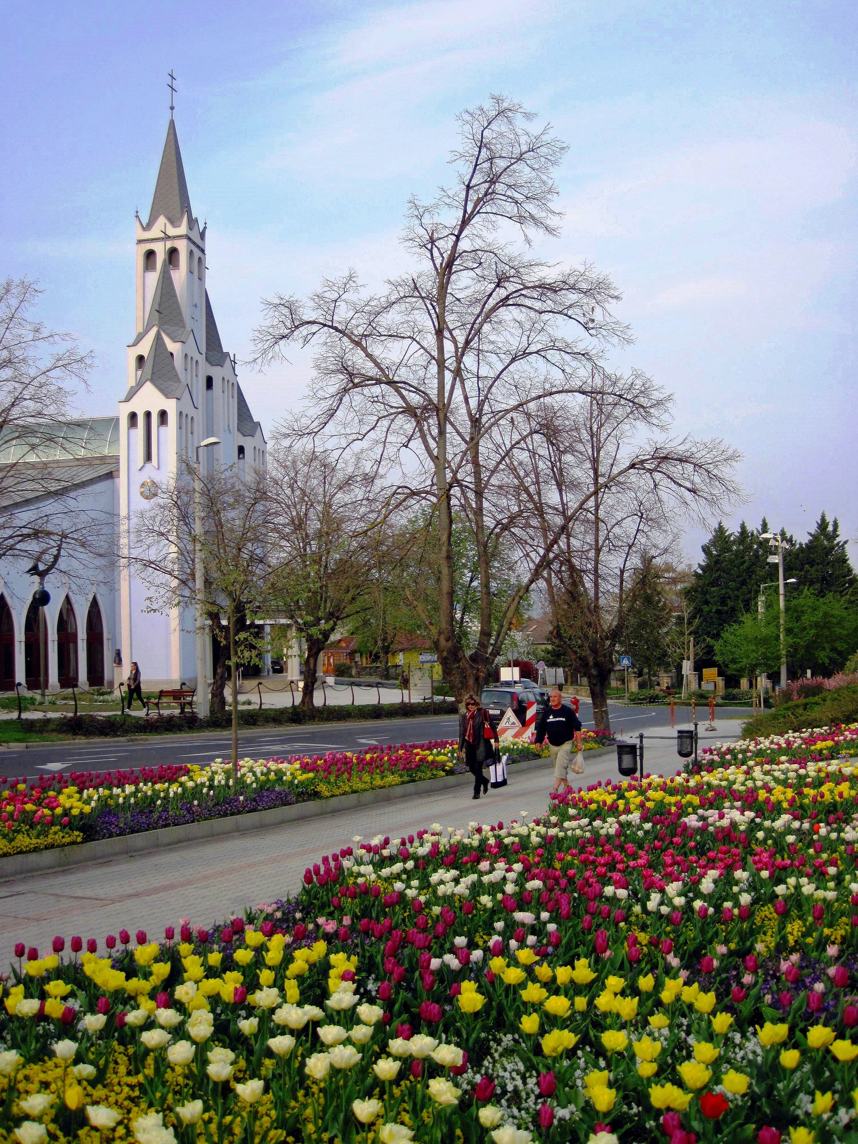 Апрель в городе. Хевиз храм Венгрия. Весенняя улица. Весенняя Европа.