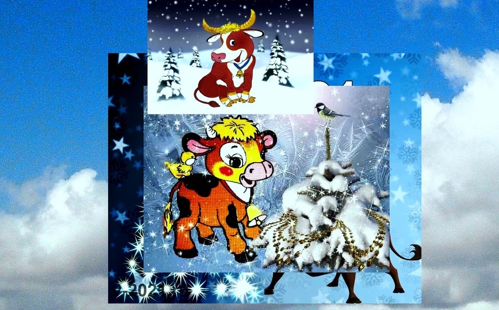 Появился Новый год,
Снежны кони у ворот!
На холмах... бычки пасутся…
Времена наши несутся.
(Ходят зверюшки кругами…)
Да прибудет счастье с ВАМИ!