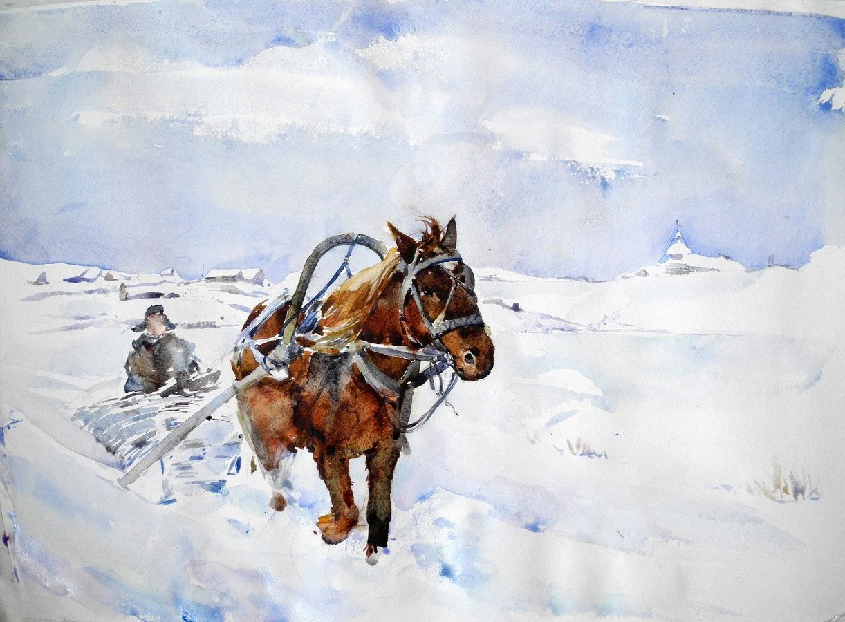 Зимний пейзаж с лошадью и санями