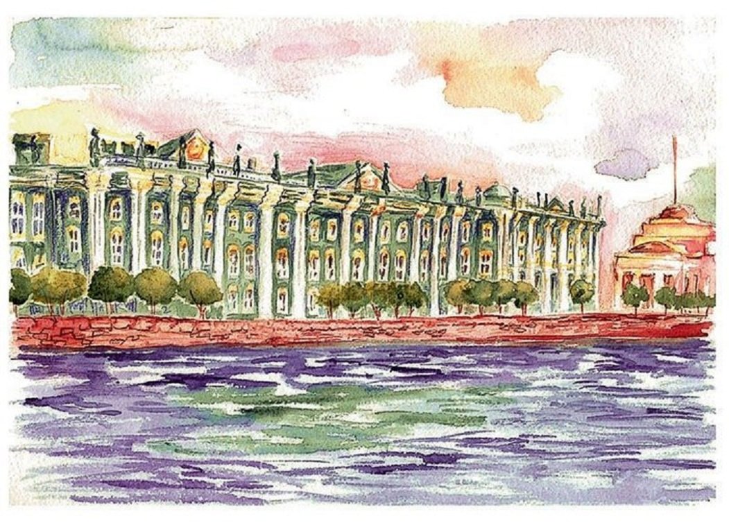 Санкт Петербург зимний дворец акварель