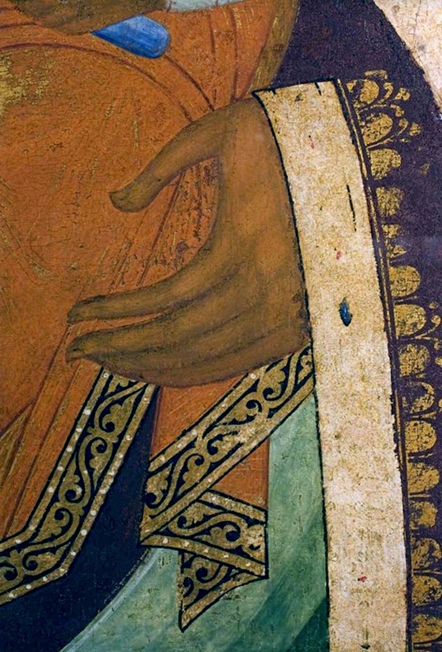 Икона Божией Матери "Одигитрия". 1502 год. Из Ферапонтова монастыря. Иконописец Дионисий и его мастерская. ГРМ. Фрагмент. Икона Божией Матери "Одигитрия". 1502 год. Из Ферапонтова монастыря. Иконописец Дионисий и его мастерская. ГРМ. Фрагмент.