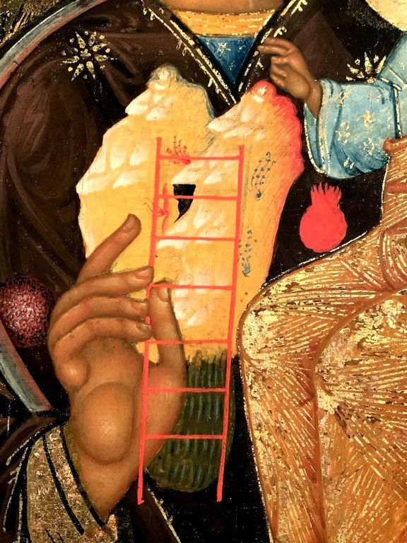 Икона Божией Матери "Гора Нерукосечная". Строгановская школа иконописи, конец XVI века. Фрагмент. Икона Божией Матери "Гора Нерукосечная". Строгановская школа иконописи, конец XVI века. Фрагмент.