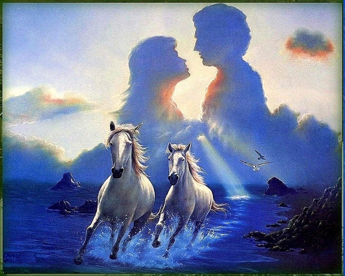 Лошадь с 2 девушками. Художник Джим Уоррен картины. Картина лошади. Небесные лошади. Влюбленные лошади.