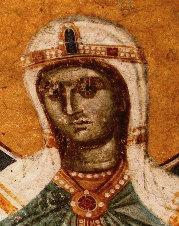 Святая Великомученица Евфимия Всехвальная. Фреска монастыря Грачаница, Косово, Сербия. Около 1320 года. Святая Великомученица Евфимия Всехвальная. Фреска монастыря Грачаница, Косово, Сербия. Около 1320 года.