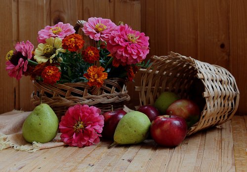 композиция с цветами и фруктами
