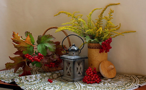 ягоды калины,фонарик и букет золотарника