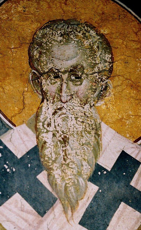 Священномученик Поликарп, Епископ Смирнский. Фреска монастыря Грачаница, Косово, Сербия. Около 1320 года. Священномученик Поликарп, Епископ Смирнский. Фреска монастыря Грачаница, Косово, Сербия. Около 1320 года.