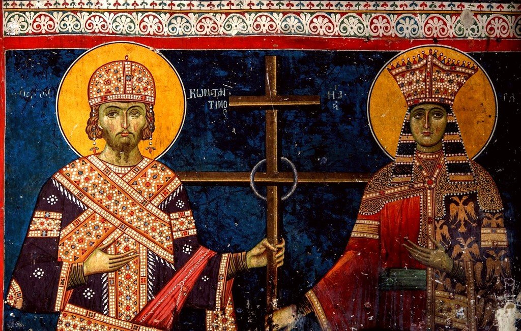 Святые Равноапостольные Царь Константин и Царица Елена. Фреска Лесновского монастыря в Македонии. XIV век. Святые Равноапостольные Царь Константин и Царица Елена. Фреска Лесновского монастыря в Македонии. XIV век.