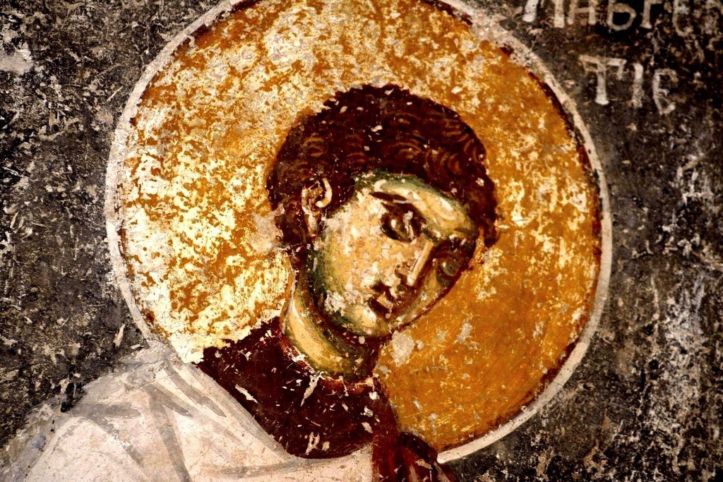 Святой Мученик Архидиакон Лаврентий Римский. Фреска церкви Вознесения Господня в монастыре Жича, Сербия. 1309 - 1316 годы. Святой Мученик Архидиакон Лаврентий Римский. Фреска церкви Вознесения Господня в монастыре Жича, Сербия. 1309 - 1316 годы.