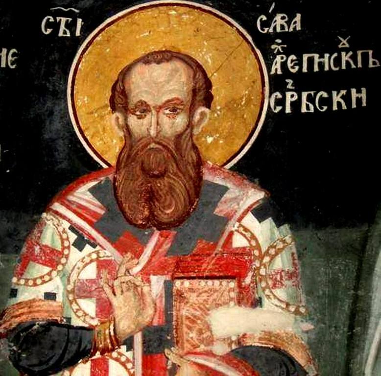 Святитель Савва, первый Архиепископ Сербский. Фреска монастыря Святого Иоанна Богослова в Поганово, Сербия. Конец XV века. Святитель Савва, первый Архиепископ Сербский. Фреска монастыря Святого Иоанна Богослова в Поганово, Сербия. Конец XV века.