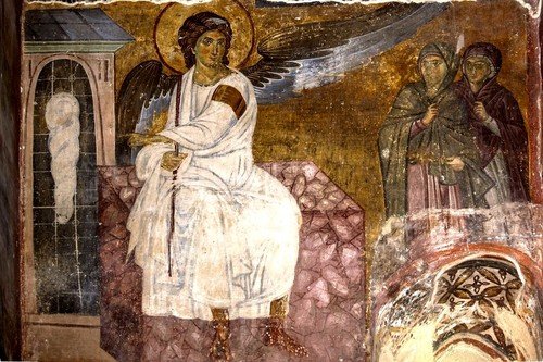 Явление Ангела Господня женам-мироносицам ("Белый Ангел"). Фреска церкви Вознесения Господня в монастыре Милешева (Милешево), Сербия. До 1228 года.