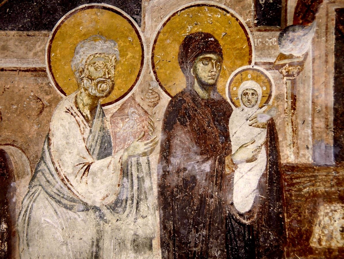 Фреска сретенье господне выполненная в 1465 году. Сретение Господне фреска. Сретение Византия. Византийская иконография Сретения Господня.