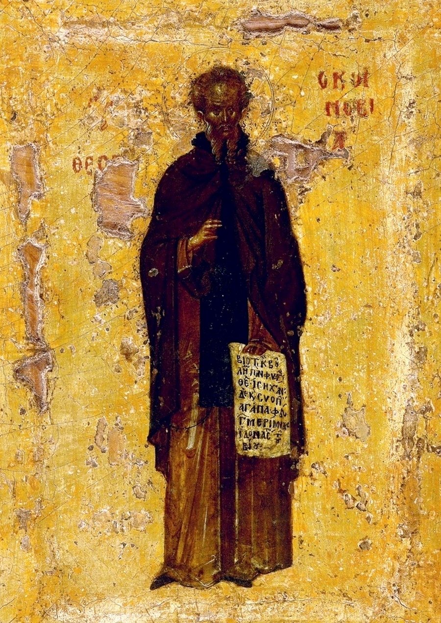 Святой Преподобный Феодосий Великий, общих житий начальник. Византийская икона в монастыре Ватопед на Афоне. Святой Преподобный Феодосий Великий, общих житий начальник. Византийская икона в монастыре Ватопед на Афоне.