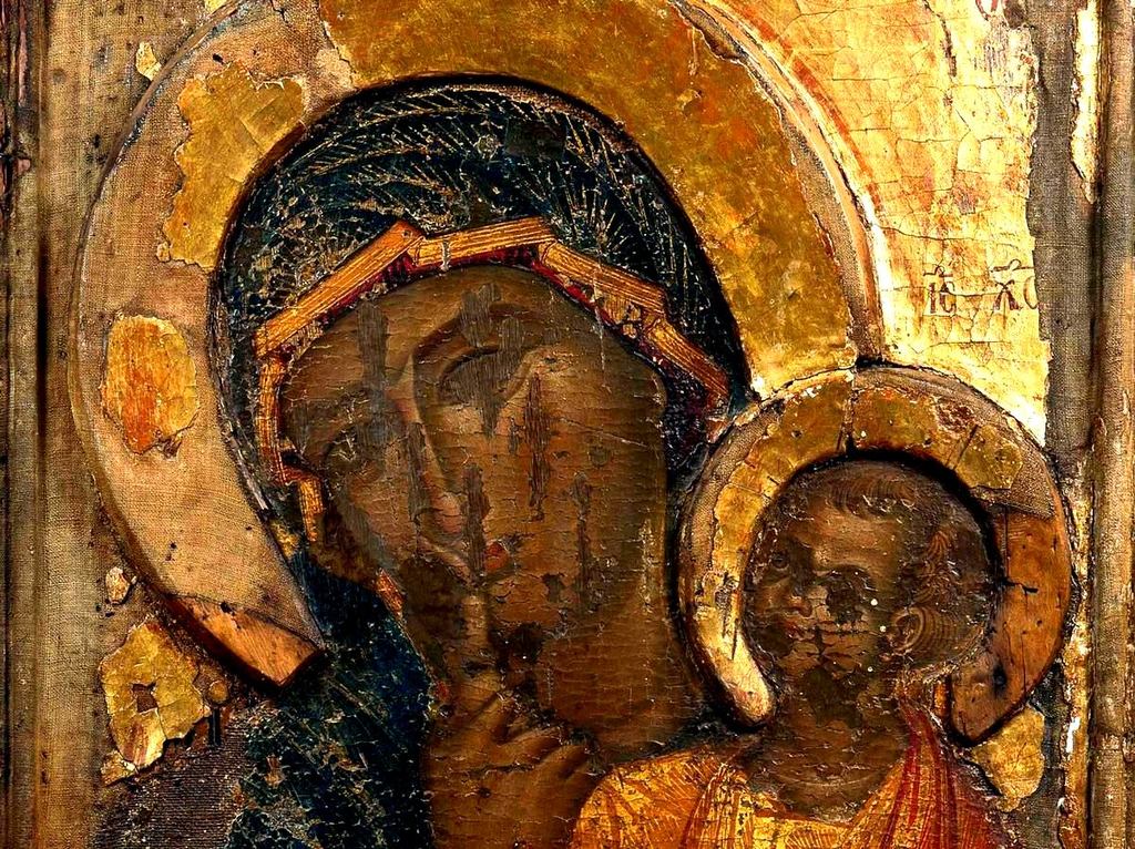 Ватопедская икона Божией Матери "Отрада, или Утешение". Кипр, XIV век. Византийский музей в Никосии. Фрагмент. Ватопедская икона Божией Матери "Отрада, или Утешение". Кипр, XIV век. Византийский музей в Никосии. Фрагмент.