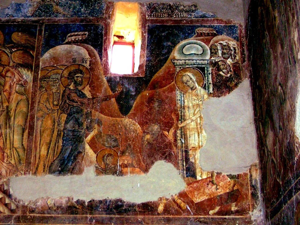Воскрешение Праведного Лазаря. Фреска церкви Святого Георгия в Курбиново, Македония. 1191 год. Воскрешение Праведного Лазаря. Фреска церкви Святого Георгия в Курбиново, Македония. 1191 год.