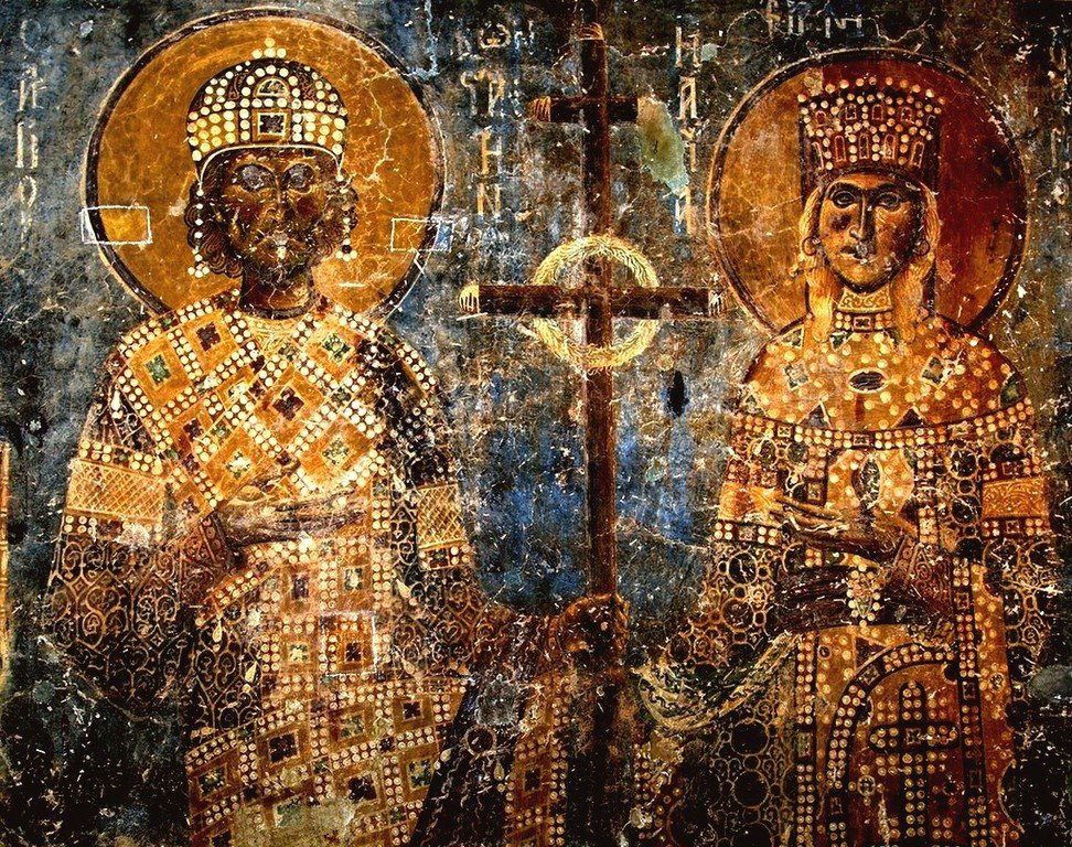 Святые Равноапостольные Царь Константин и Царица Елена. Фреска церкви Святого Георгия в Курбиново, Македония. 1191 год. Святые Равноапостольные Царь Константин и Царица Елена. Фреска церкви Святого Георгия в Курбиново, Македония. 1191 год.