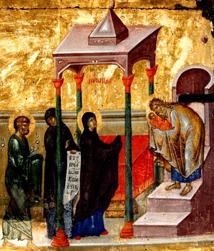 Сретение Господне. Византийская икона XIV века.