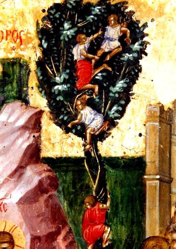 Вход Господень в Иерусалим. Византийская икона XIV века. (Вербное Воскресенье).