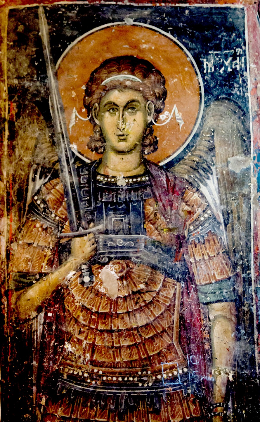Архистратиг Михаил. Фреска церкви Святого Николая в монастыре Псача, Македония. 1365 - 1377 годы. Архистратиг Михаил. Фреска церкви Святого Николая в монастыре Псача, Македония. 1365 - 1377 годы.