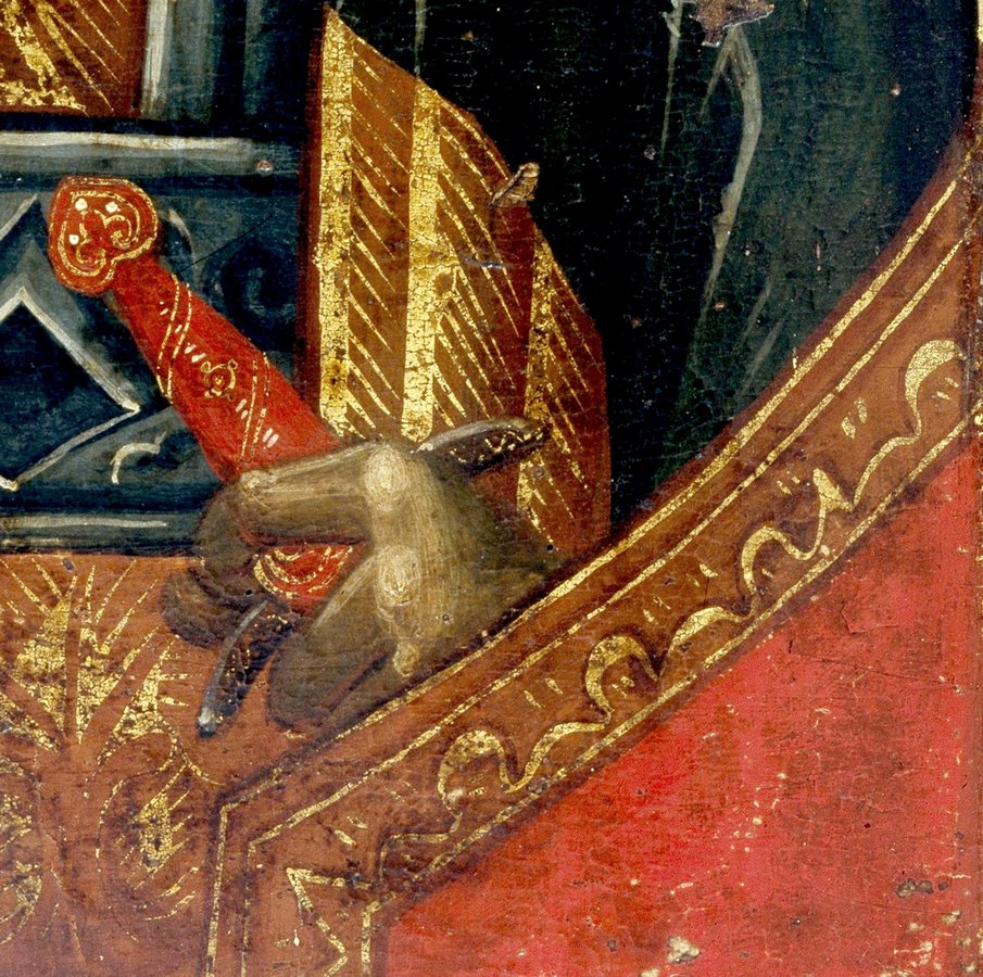 Святой Великомученик Димитрий Солунский. Икона. Византия, около 1300 года. Монастырь Ватопед на Афоне. Фрагмент.