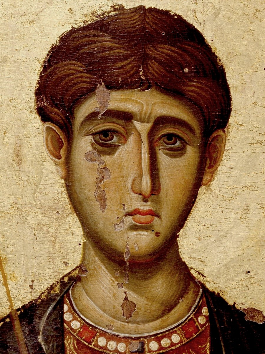 Святой Великомученик Димитрий Солунский. Икона. Византия, около 1300 года. Монастырь Ватопед на Афоне. Фрагмент.