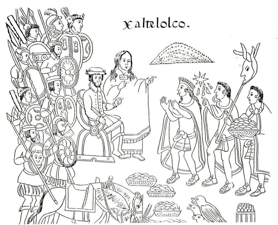 Кортес и Малинче в городе Шалтелолько. Тласкаланское изображение XVI века.