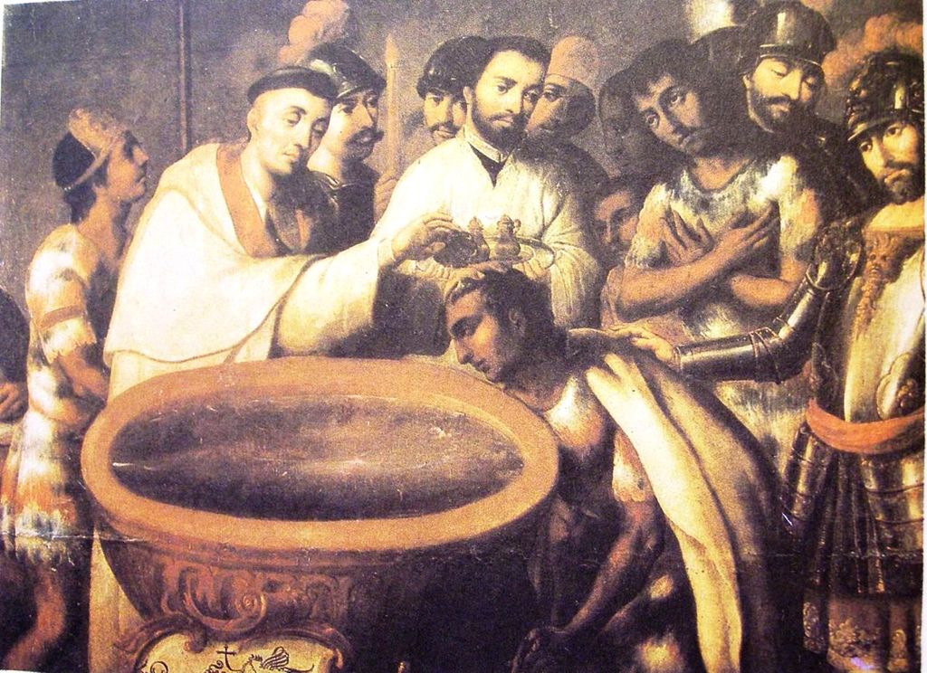 Крещение ацтекских аристократов. Картина неизвестного художника XVI или XVII века.